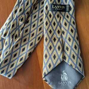 Lanvin Paris Mens Silk Neck tie Yellow Blue Diagonal Striped Designer Vintage